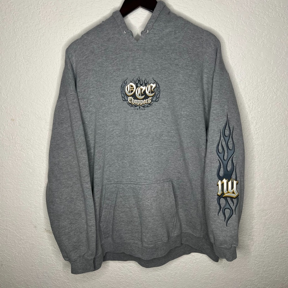 Vintage Gray Orange County Choppers Hoodie with flame sleeves Size XL